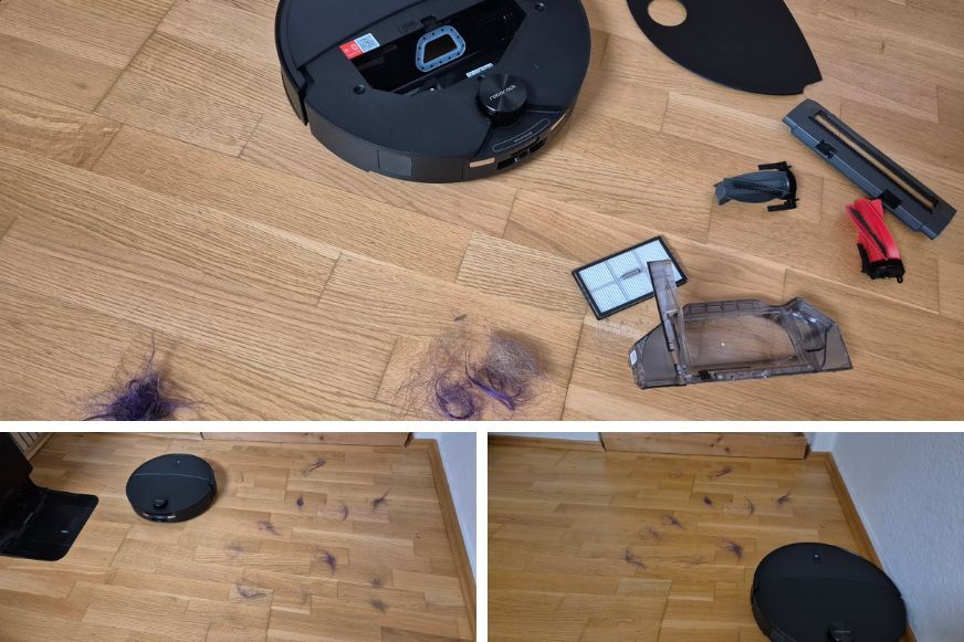 Roborock Qrevo Edge 2 geteilte Hauptbürste ohne verwickelte Haare nach dem Haartest